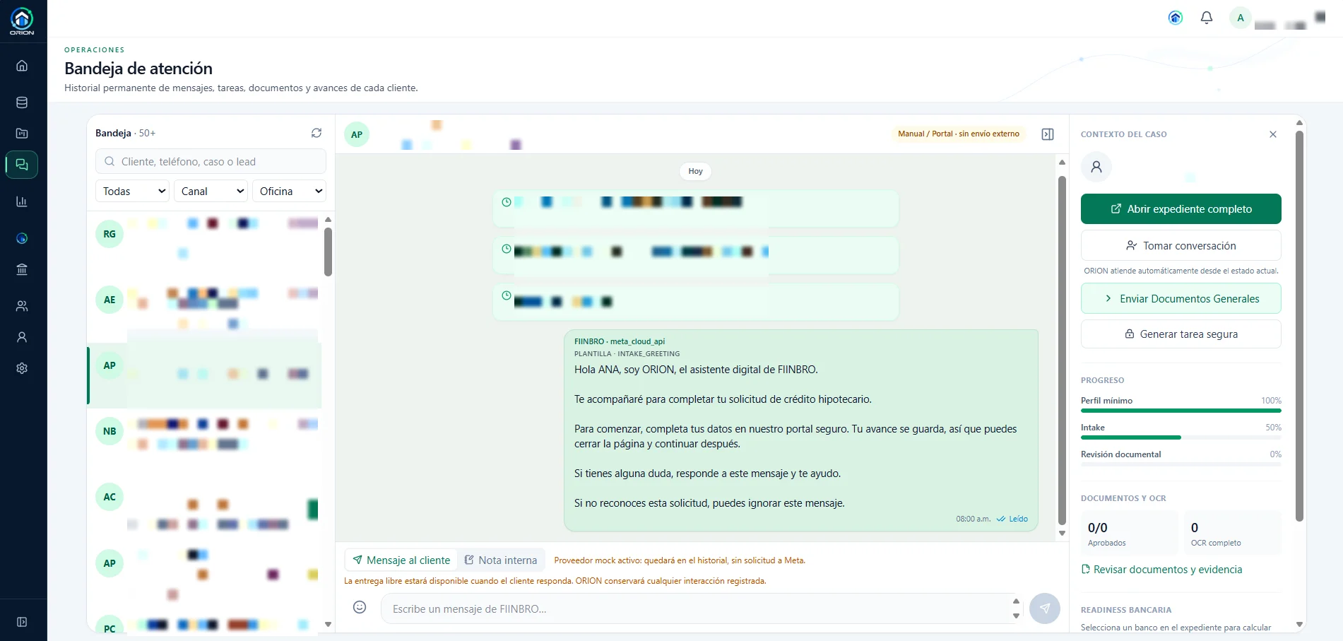 ORION service inbox with WhatsApp conversations, case context, and progress (client data masked)