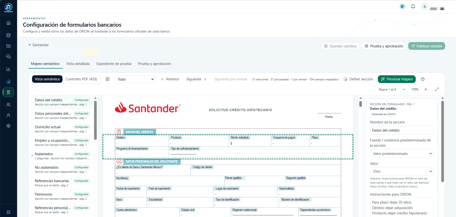 Mapping Studio configuring how ORION data fills a bank's official mortgage application form