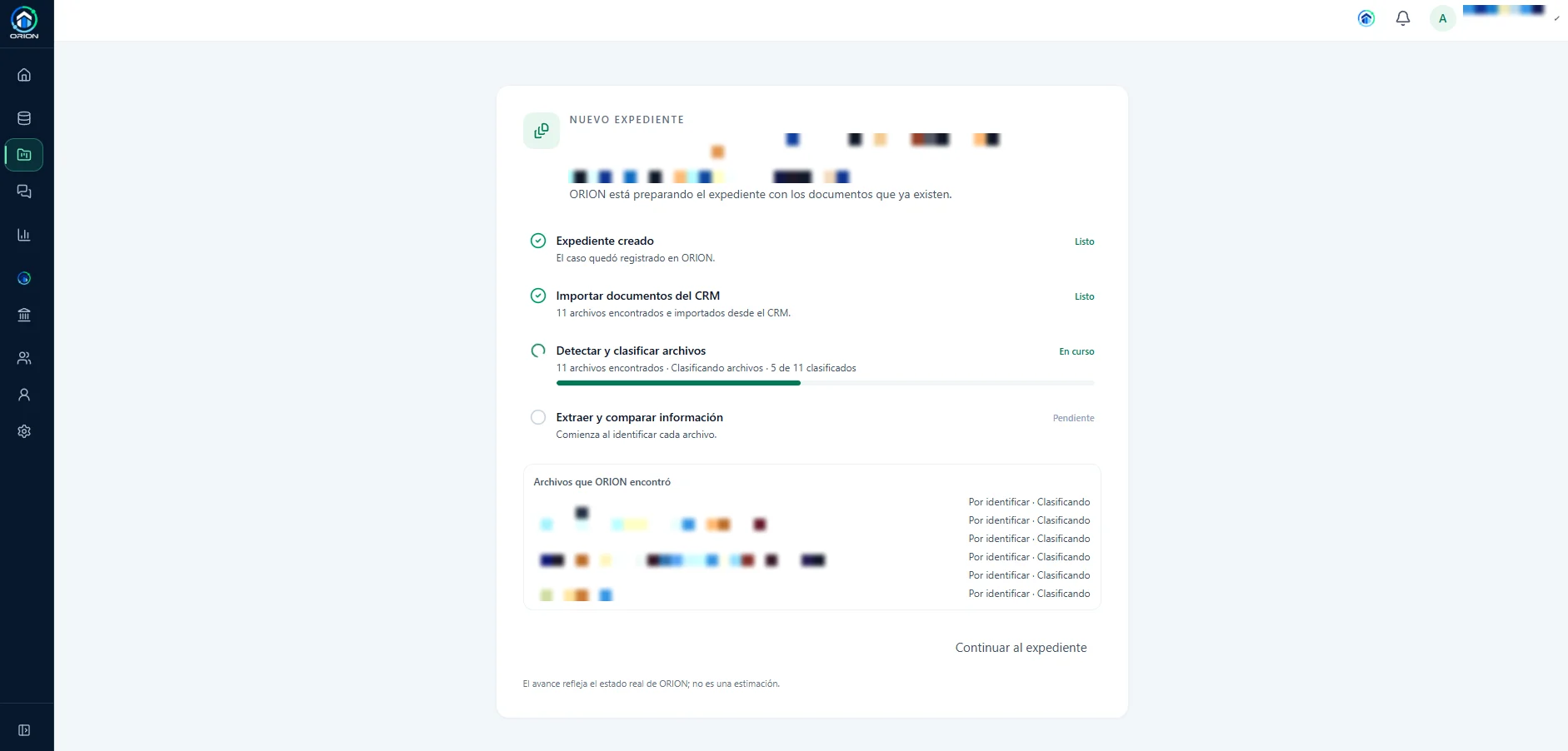 ORION preparing a case file: importing documents from the CRM, then classifying and extracting them (personal data masked)